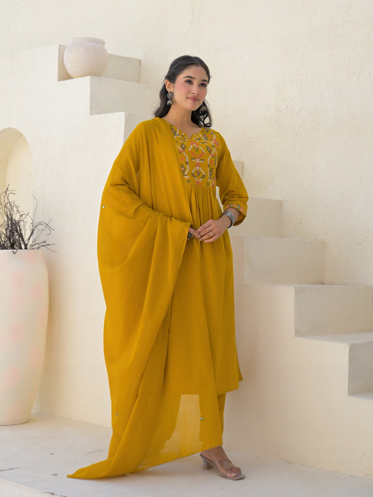 Pure cotton A-line 3 Pc Set With Heavy Work On Neck Yellow Color