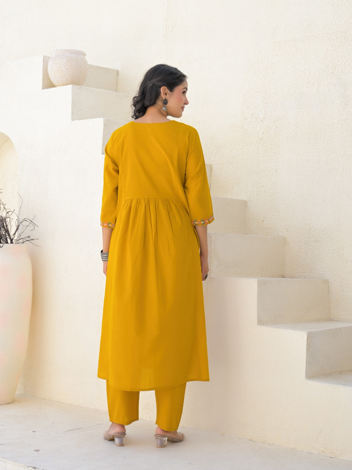 Pure cotton A-line 3 Pc Set With Heavy Work On Neck Yellow Color