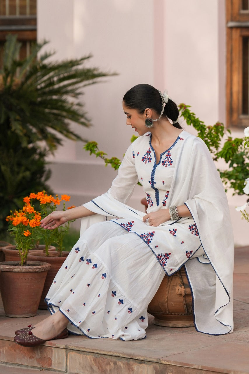 Pure Mull With Full Lining With Embroidery Work White Color With Sharara