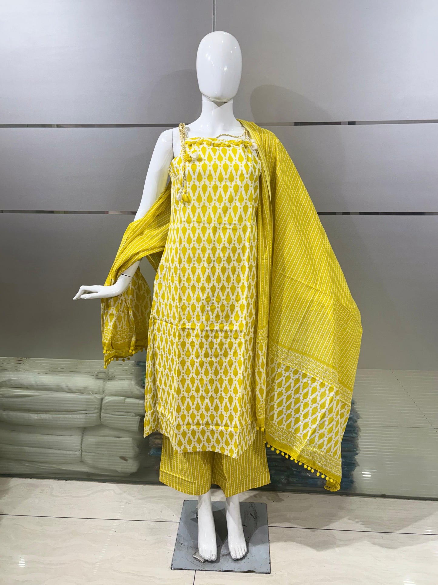 Fancy Noodle Strip Halter Neck 3 Piece Set- Lemon Yellow