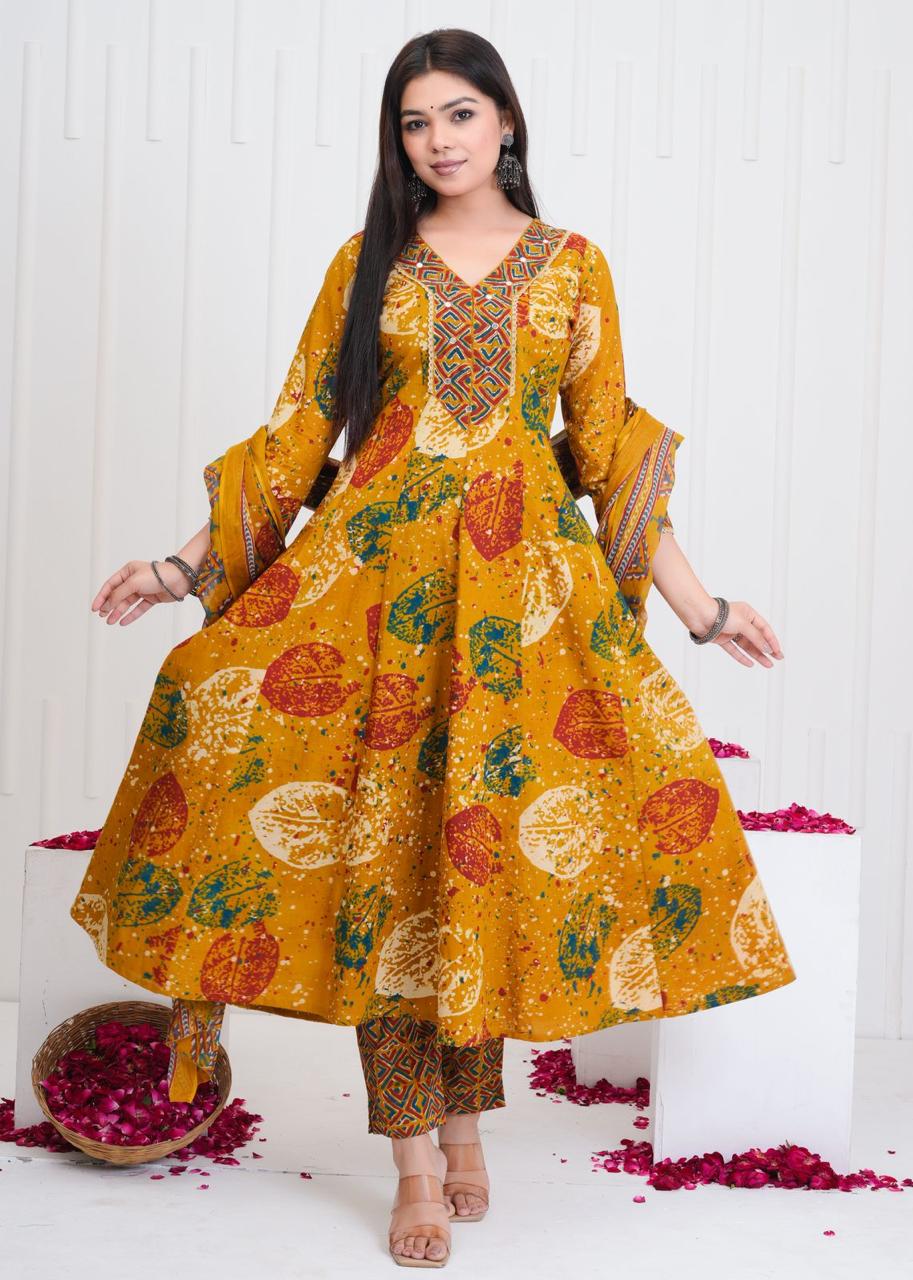 Pure Cotton A Line Anarkali Discharge Print Yellow Color