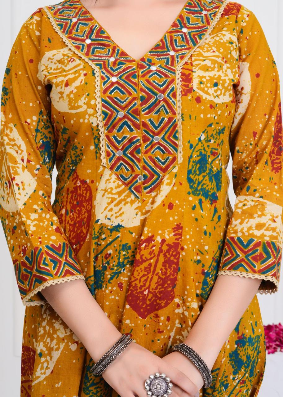 Pure Cotton A Line Anarkali Discharge Print Yellow Color