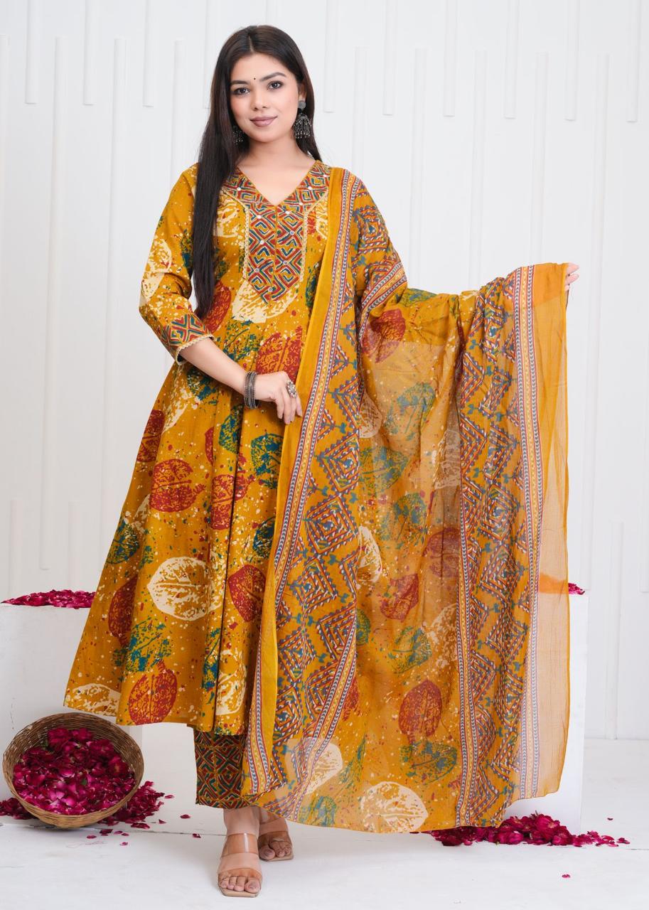 Pure Cotton A Line Anarkali Discharge Print Yellow Color