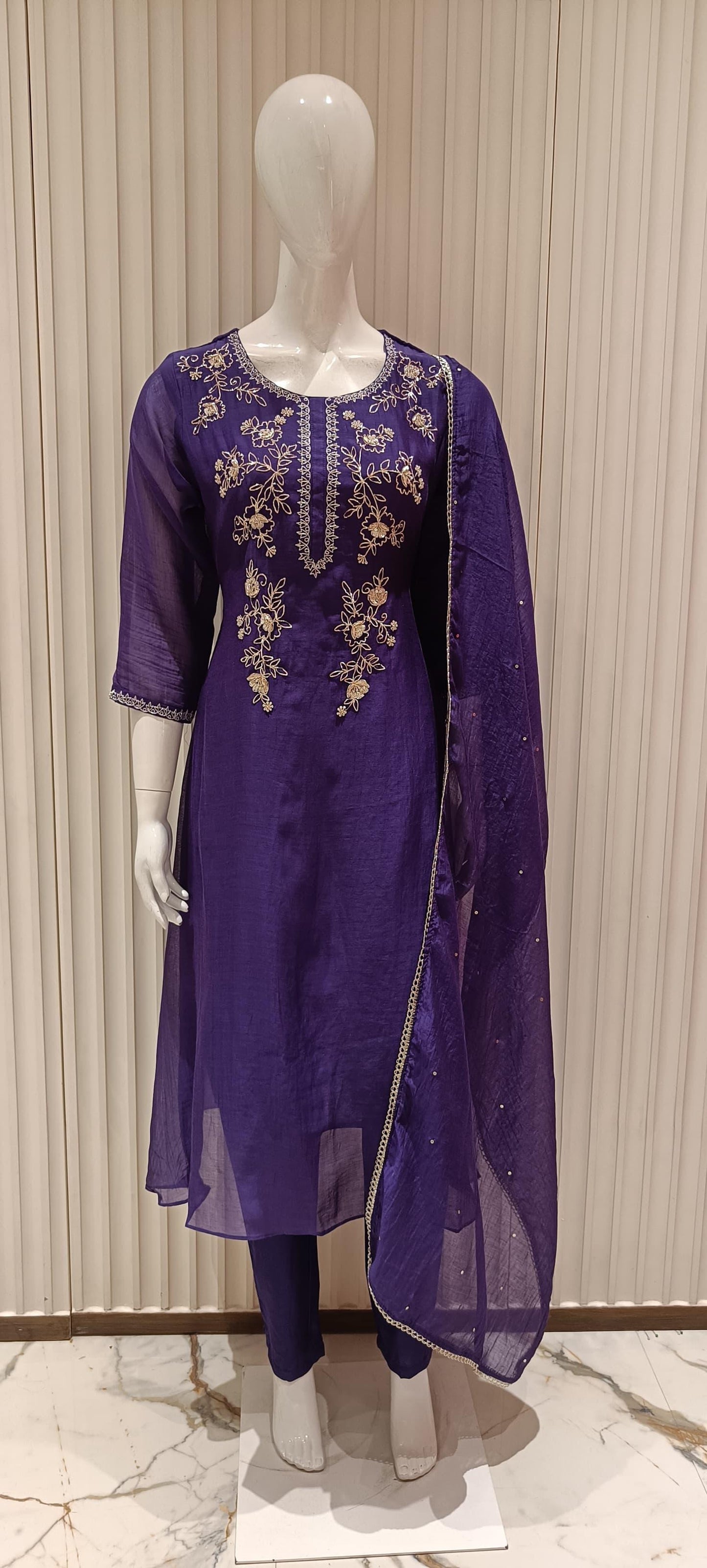 Pure Banaras Mull Chanderi With Kolkata dabka Handwork Purple Color