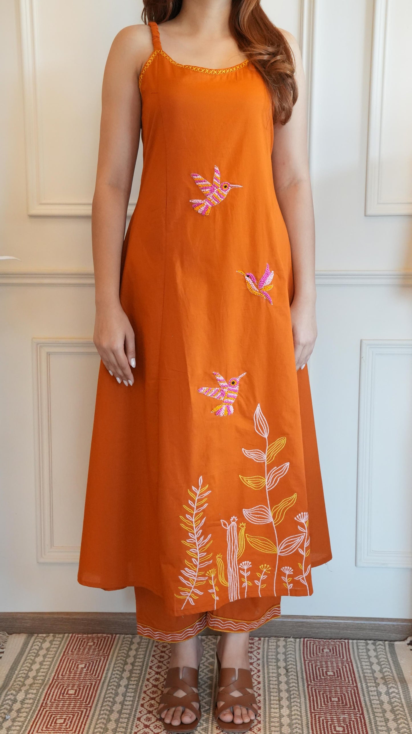 A Line Anarkali Cotton Spaghetti With Palazzo in Knot Work Orange Color (No sleeves)