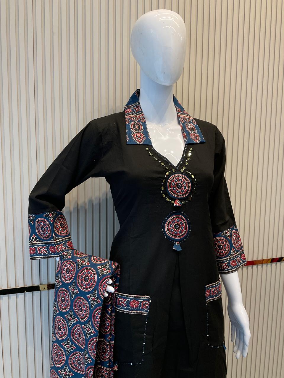 Pure Cotton Gamthi Work With ajrak Print Duppata with Palazzo Black Color