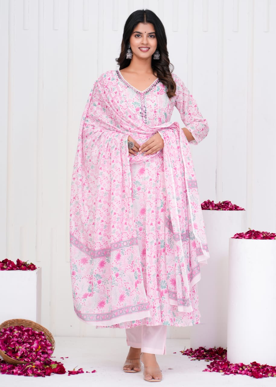 Pure Mull Cotton Shoulder Anarkali- Baby Pink Color