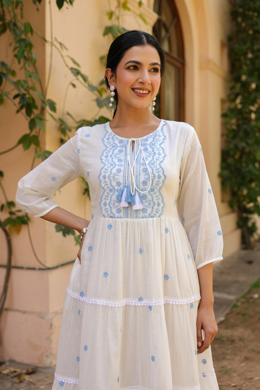 Pure Mull Cotton Long Midi With Cotton Lining White and Blue