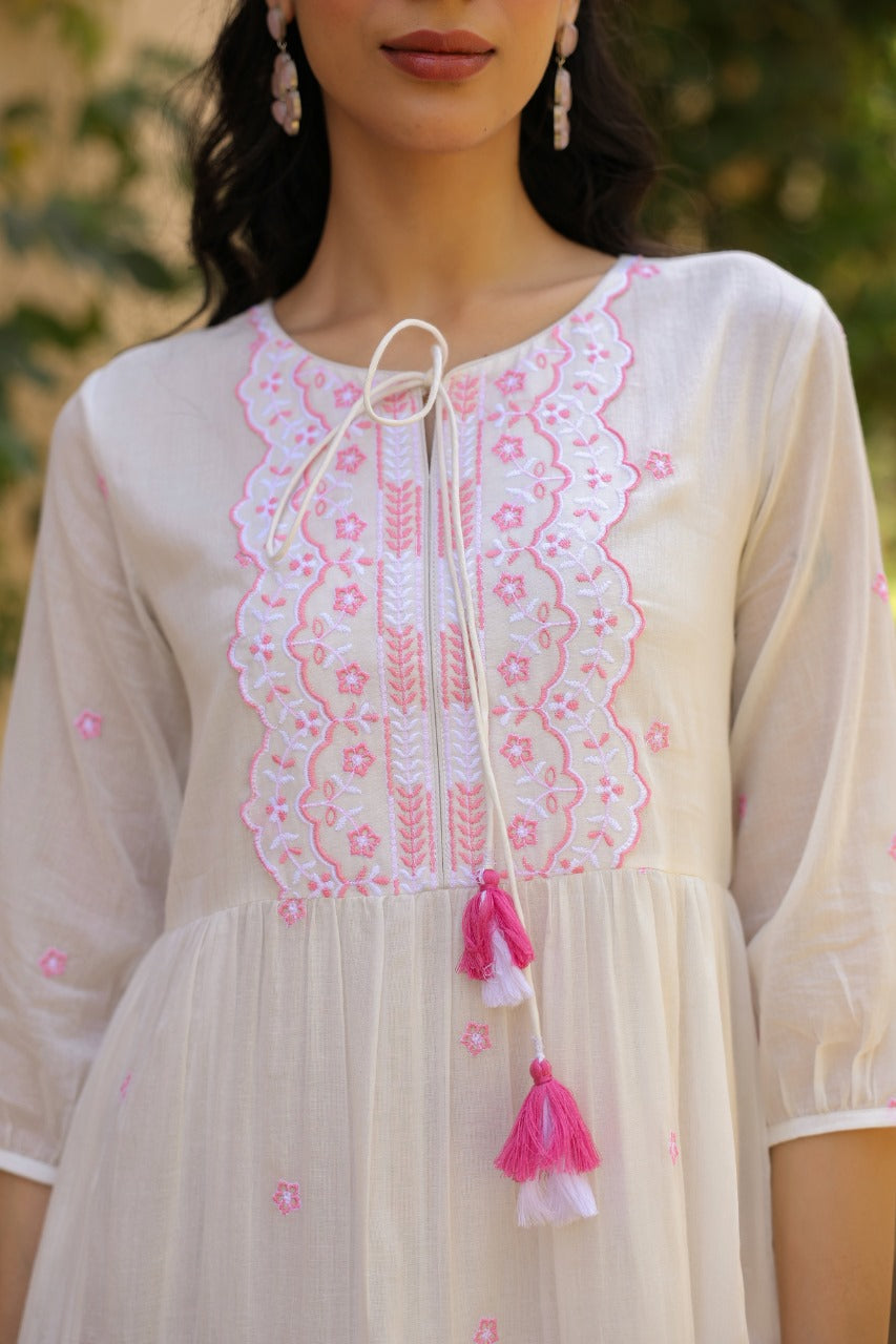 Pure Mull Cotton Long Midi With Cotton Lining White and Pink