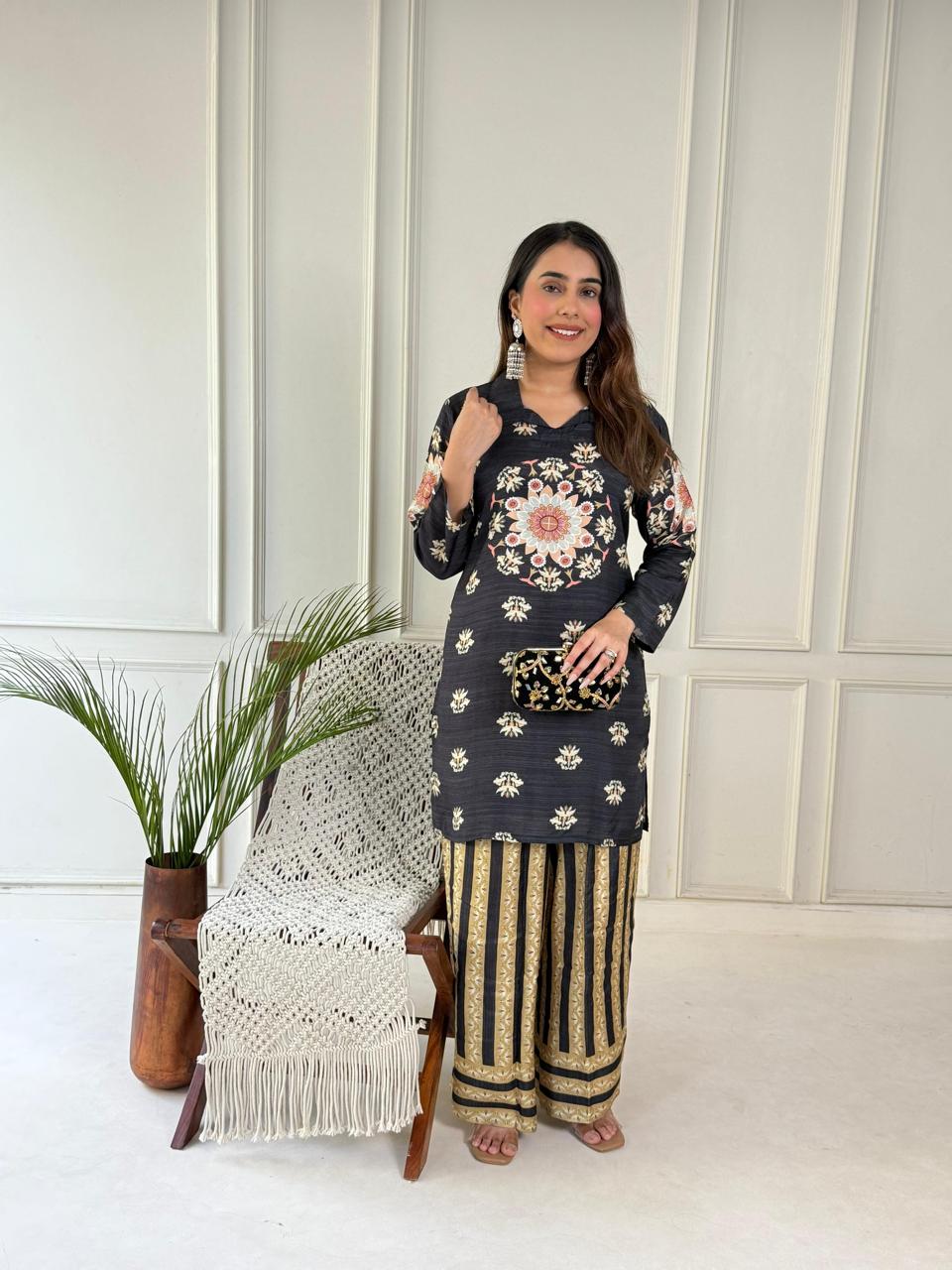 Pure Butter Muslin Coordset With Palazzo Grey Black Color
