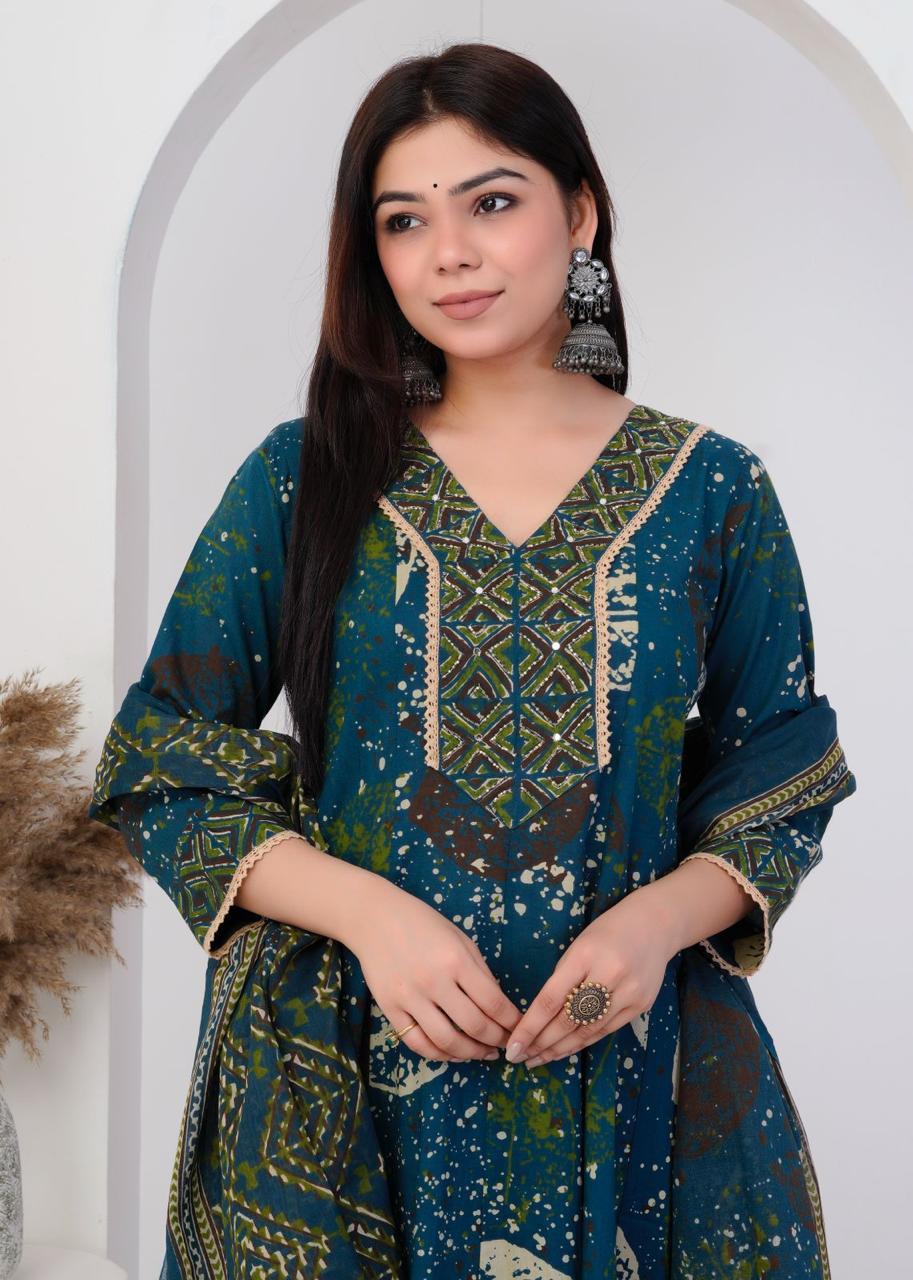 Pure Cotton A Line Anarkali Discharge Print Rama Green Color