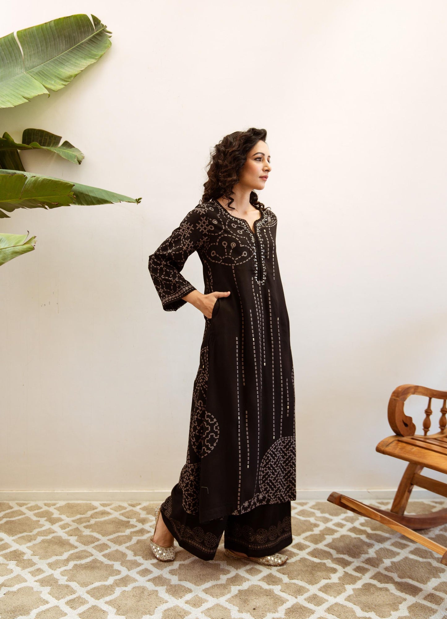 GFH Signature Premium Viscose German Rayon Long Co-ord Set with C-Cut Pattern Black Color