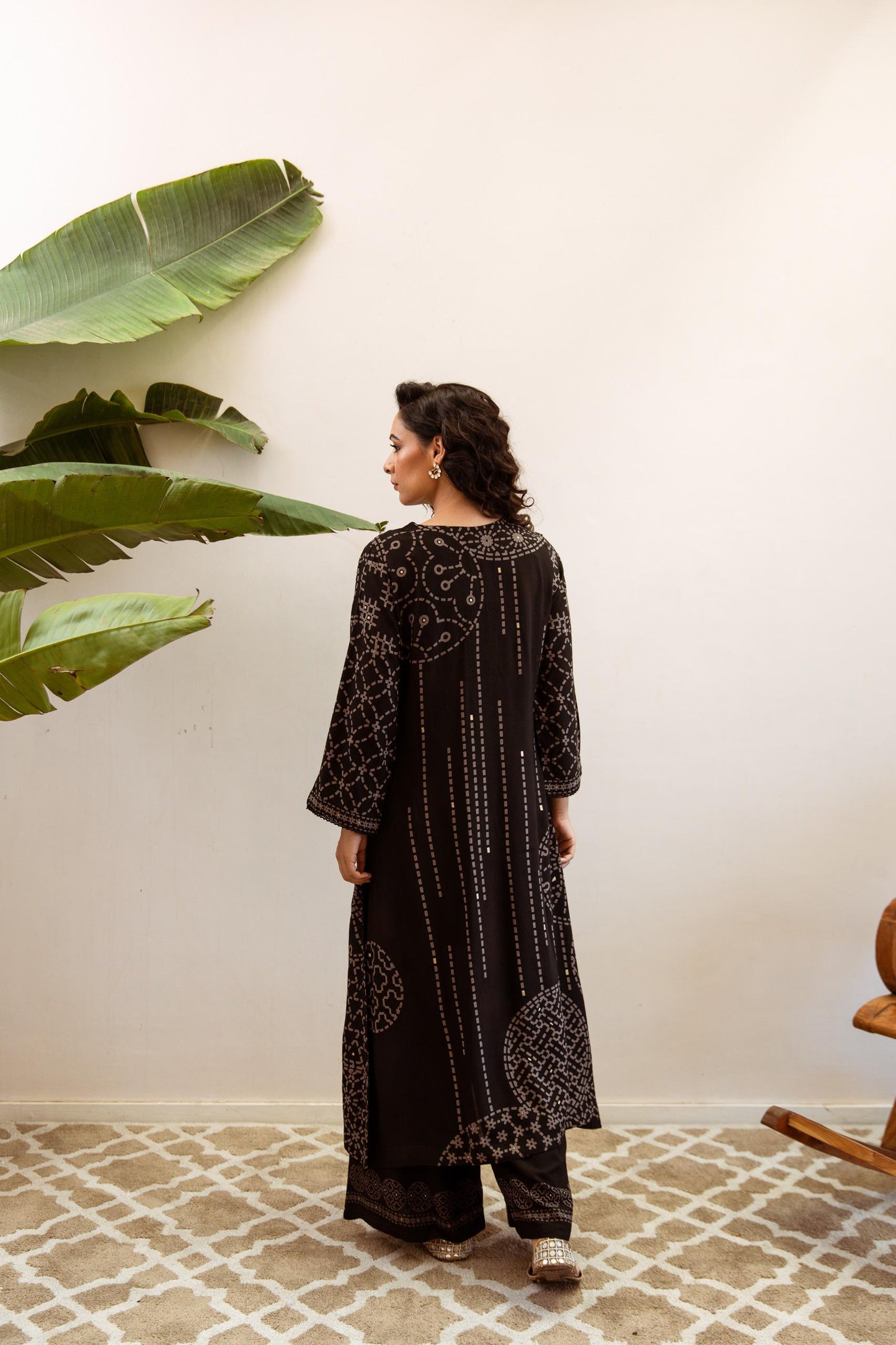 GFH Signature Premium Viscose German Rayon Long Co-ord Set with C-Cut Pattern Black Color