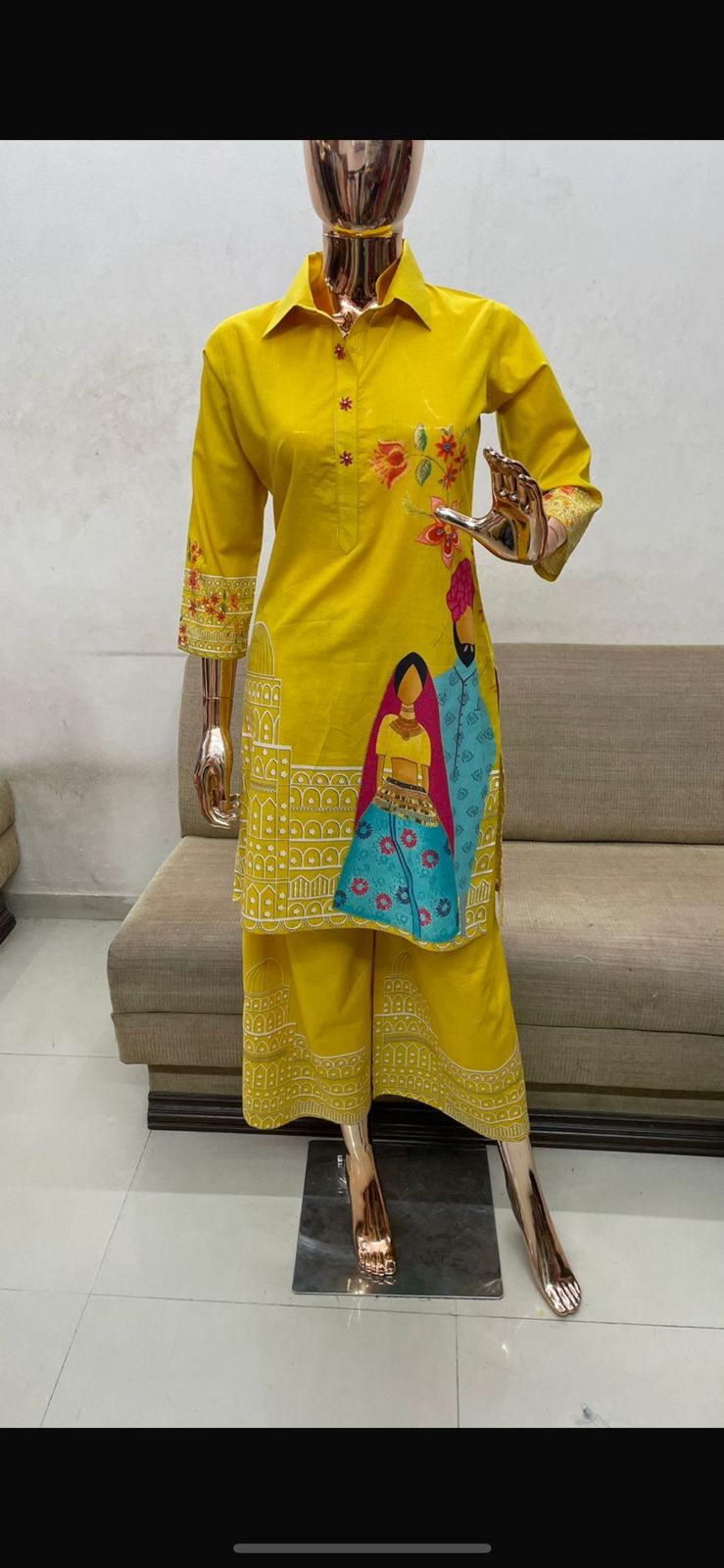 Pure Mull Cotton Coordset With Figure Print Yellow Color