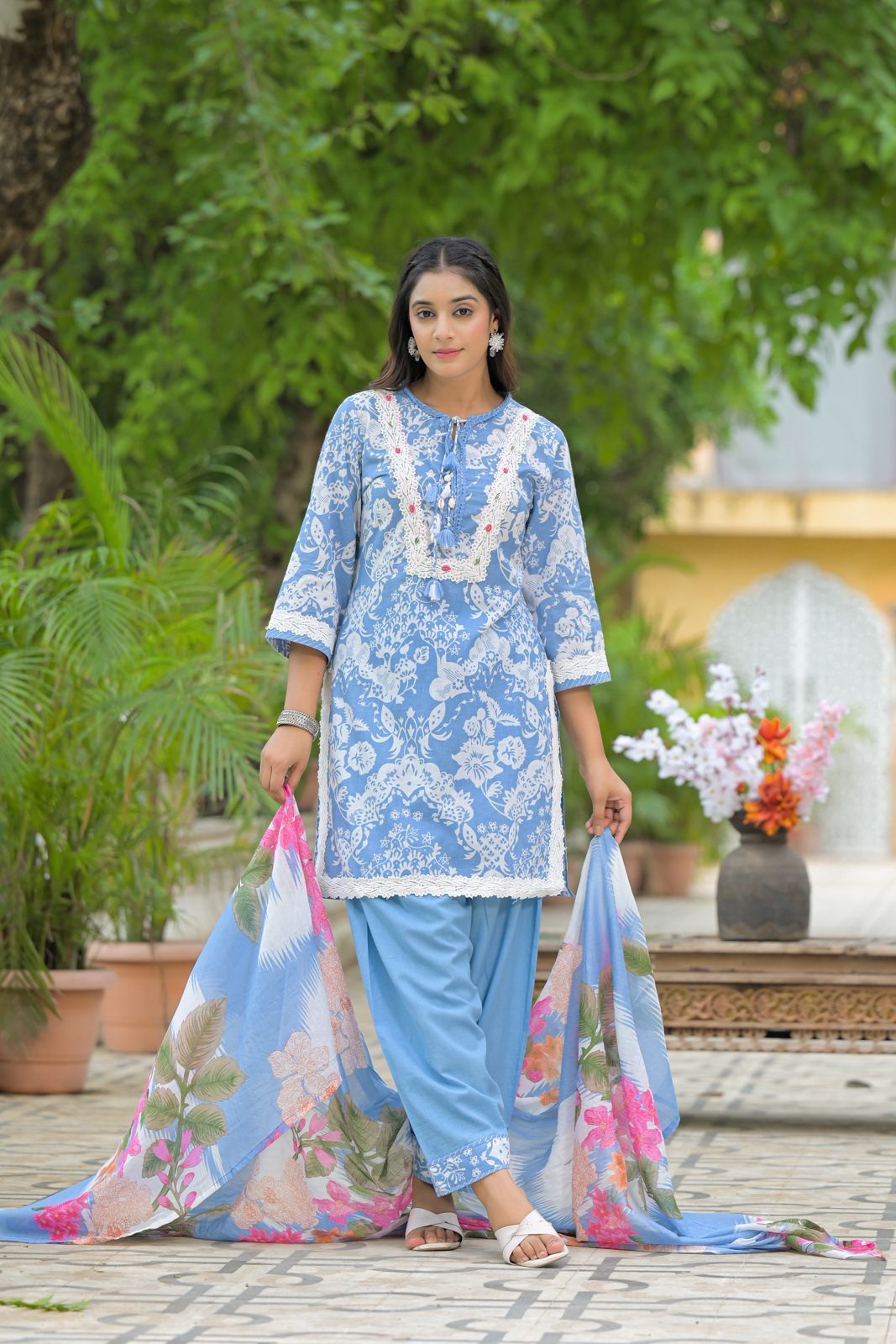 Pure Cotton 3pc Set Lacework Sky Blue Color