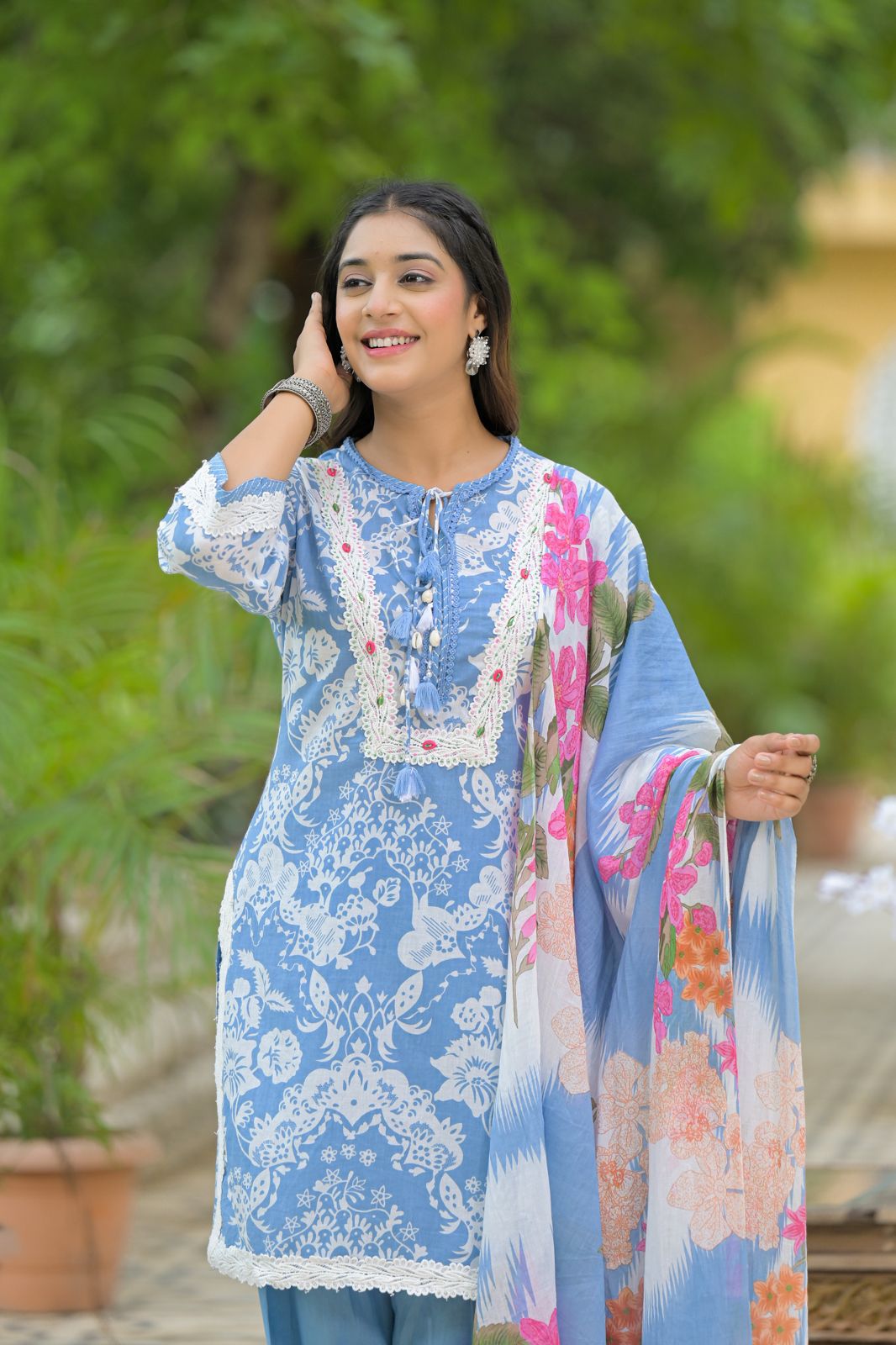 Pure Cotton 3pc Set Lacework Sky Blue Color