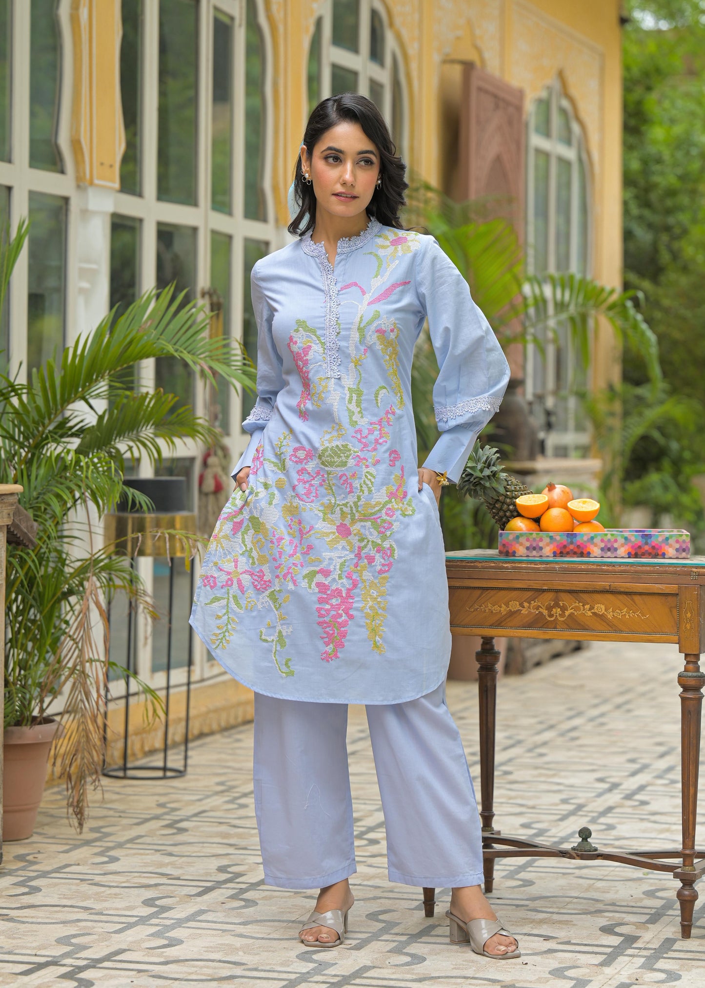 Pure Cotton Cordset Embrodeiry Thread Work Sky Blue Color
