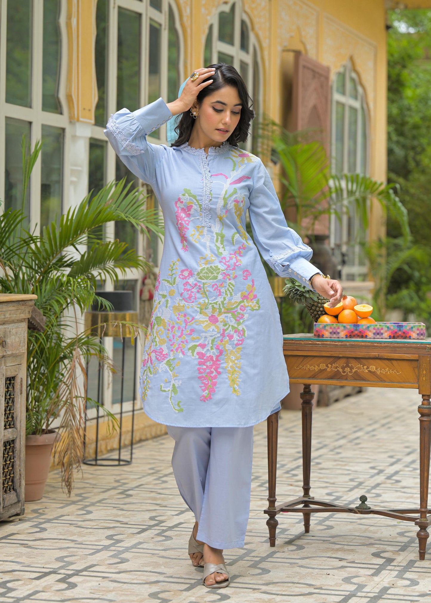 Pure Cotton Cordset Embrodeiry Thread Work Sky Blue Color