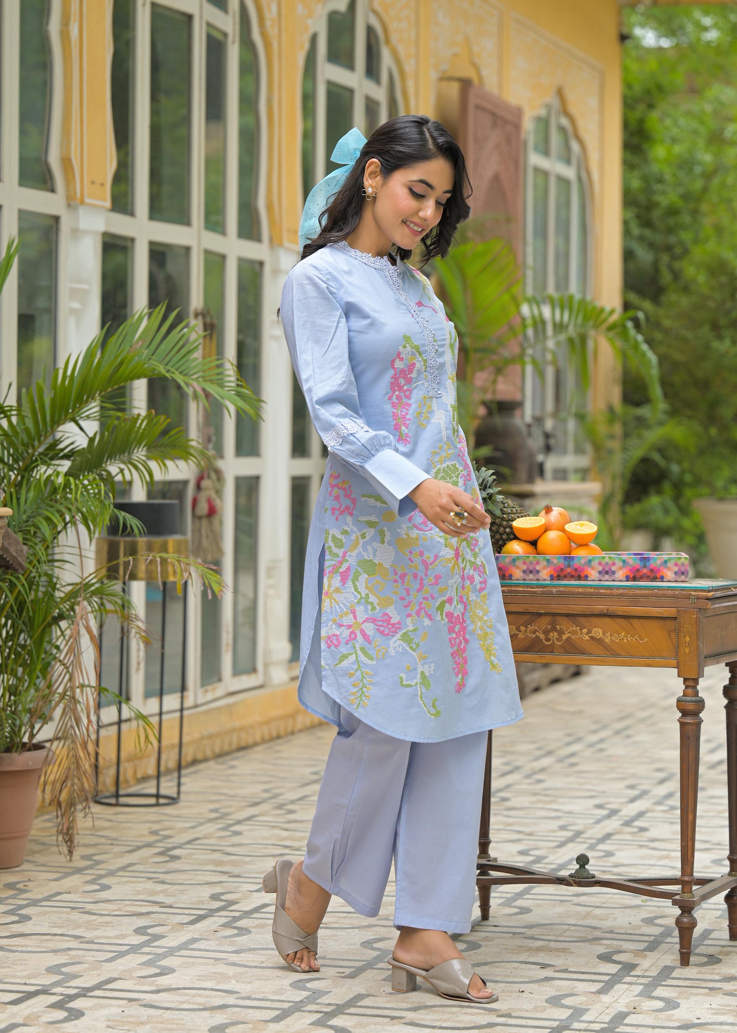 Pure Cotton Cordset Embrodeiry Thread Work Sky Blue Color