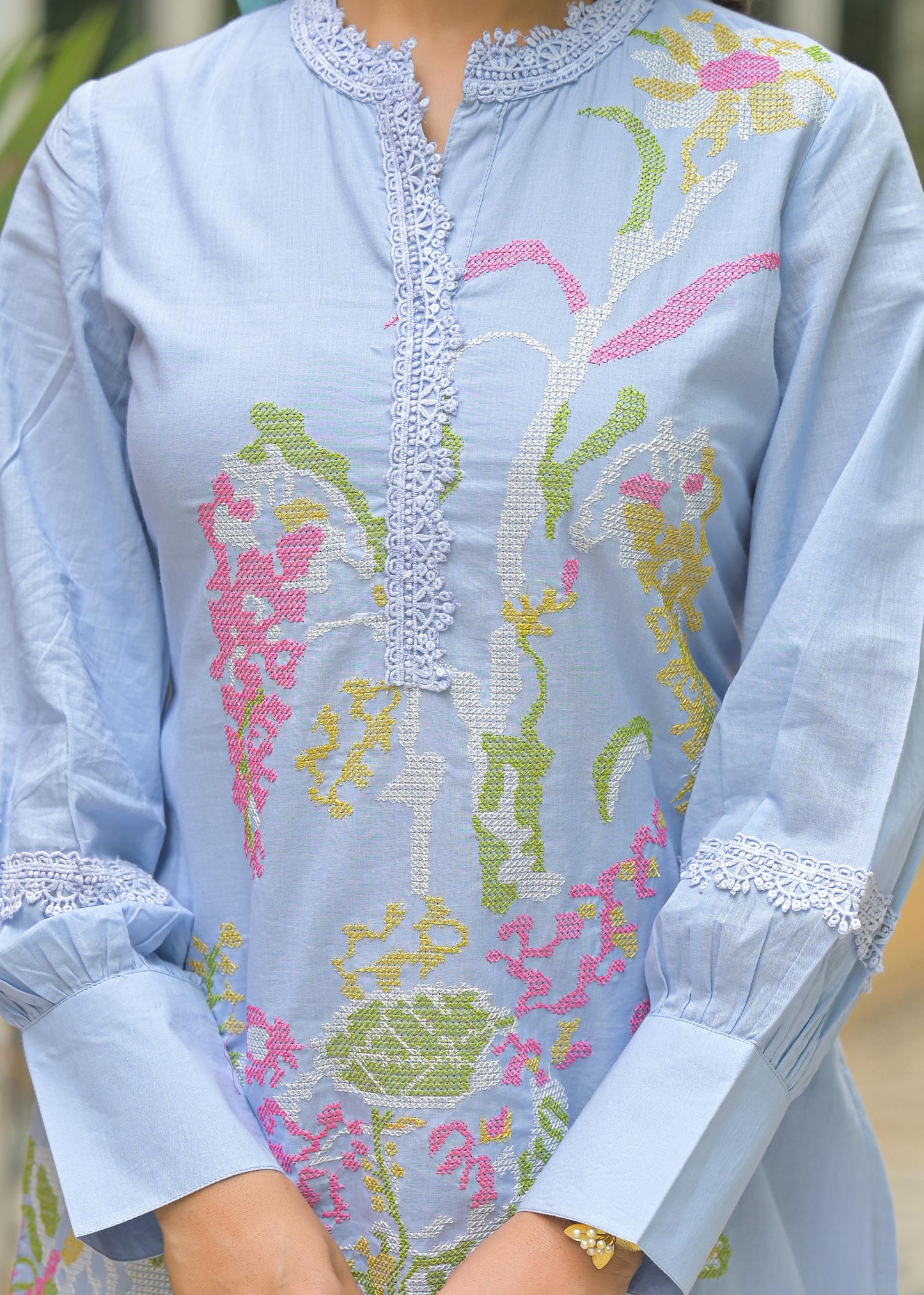 Pure Cotton Cordset Embrodeiry Thread Work Sky Blue Color