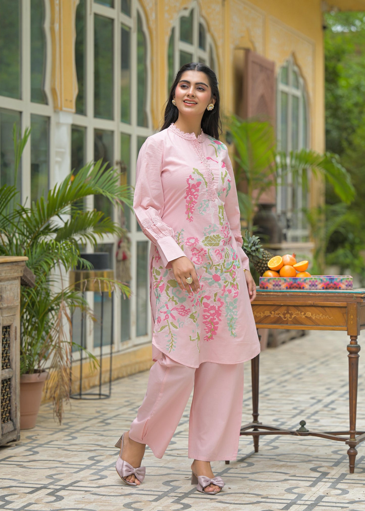 Pure Cotton Cordset Embrodeiry Thread Work Light Pink Color