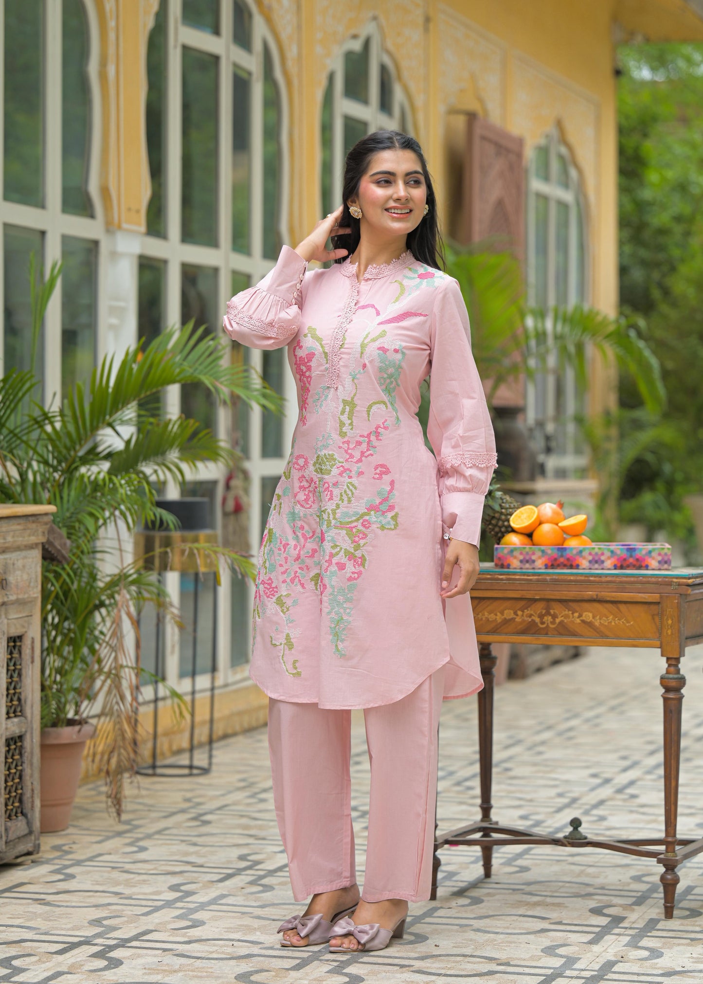 Pure Cotton Cordset Embrodeiry Thread Work Light Pink Color