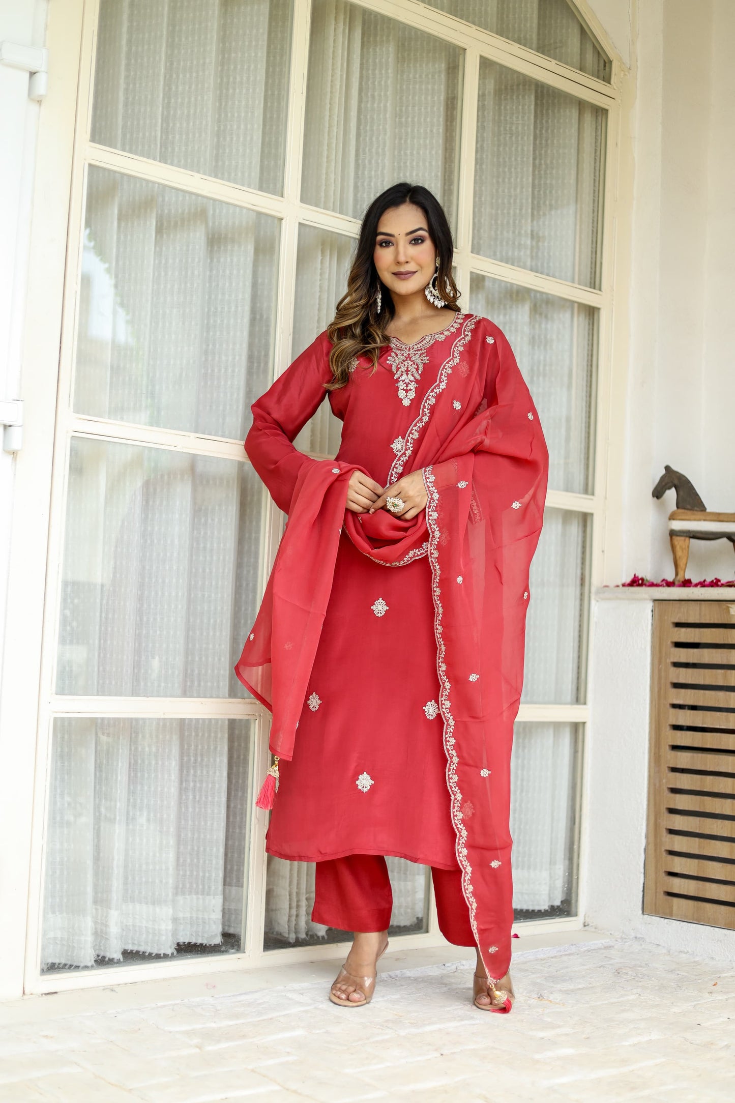 Pure Crep 3pc Set With Hand Jari-Sequence Work Red Color
