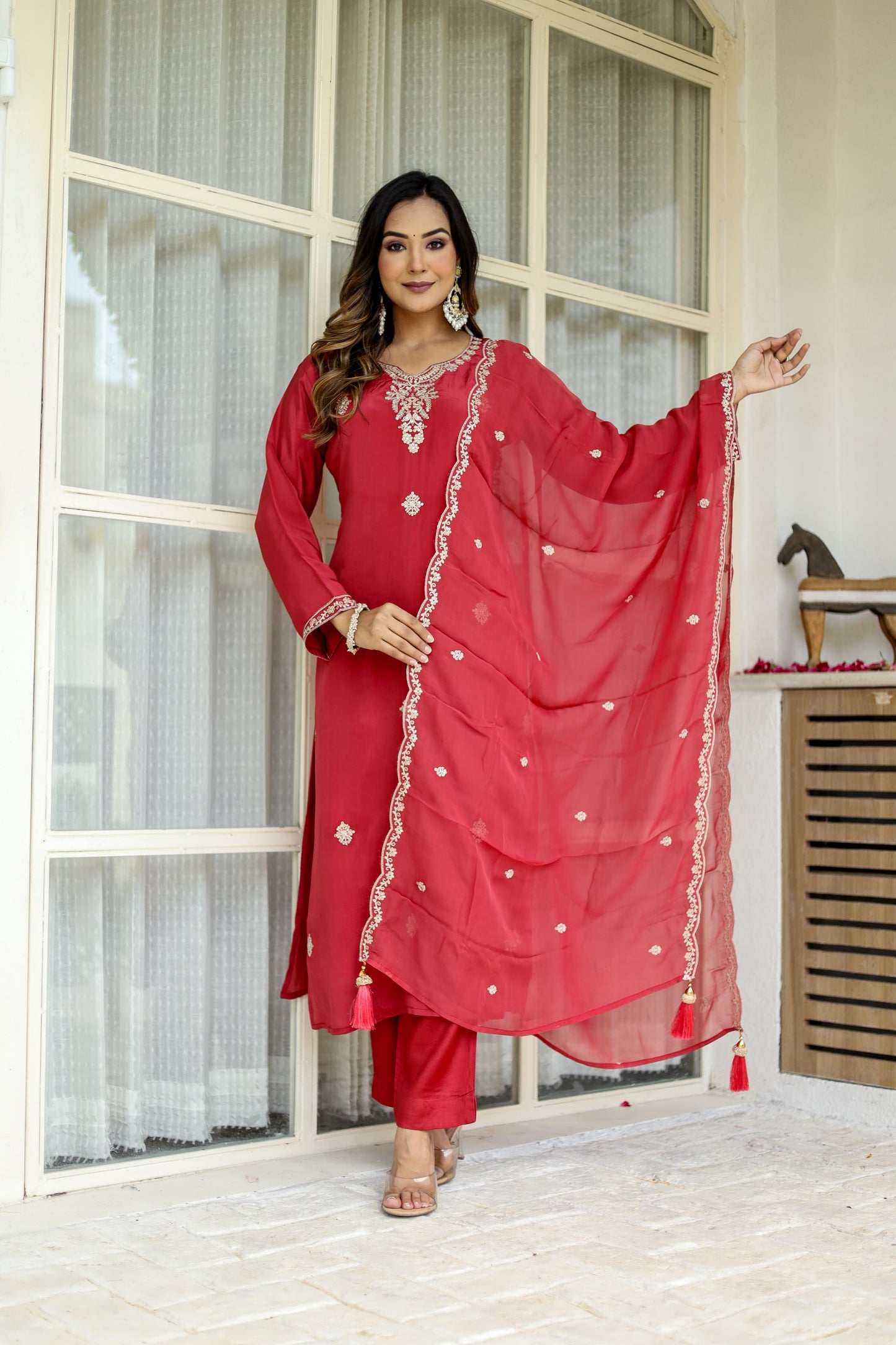 Pure Crep 3pc Set With Hand Jari-Sequence Work Red Color