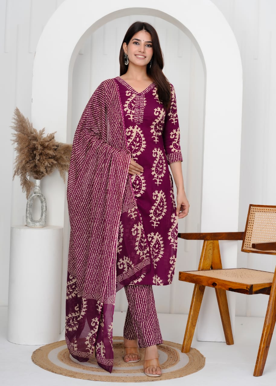 Pure Jaipuri60*60 Cotton In Floral Print 3pc Set Purple Color