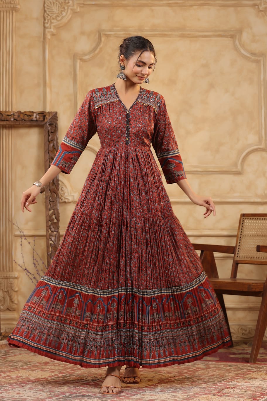 Pure Jaipuri Cotton Anarkali Vraj Bhumi and Ajarak Print Maroon Color
