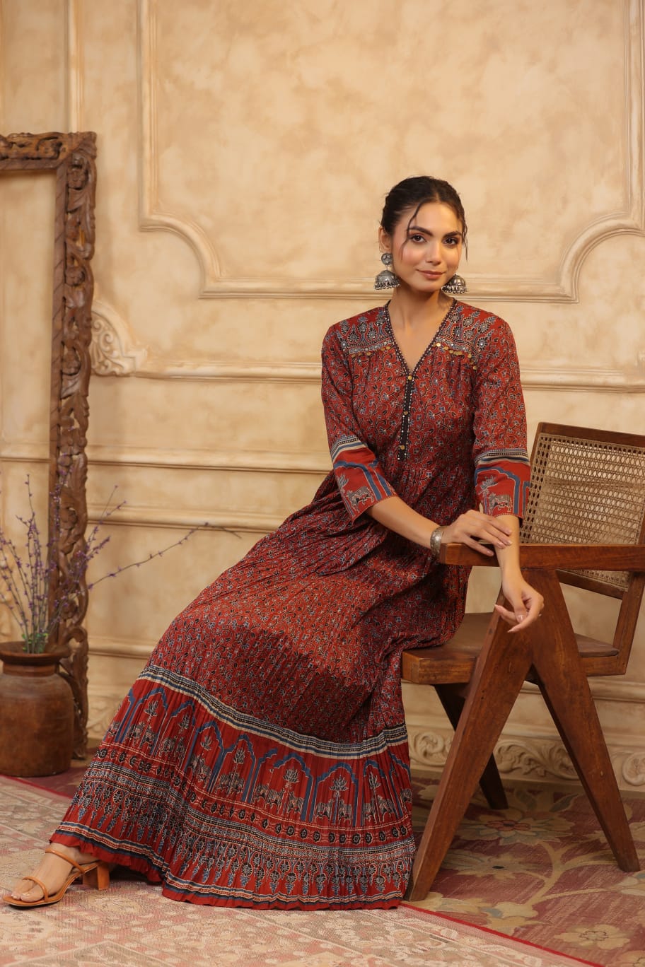 Pure Jaipuri Cotton Anarkali Vraj Bhumi and Ajarak Print Maroon Color