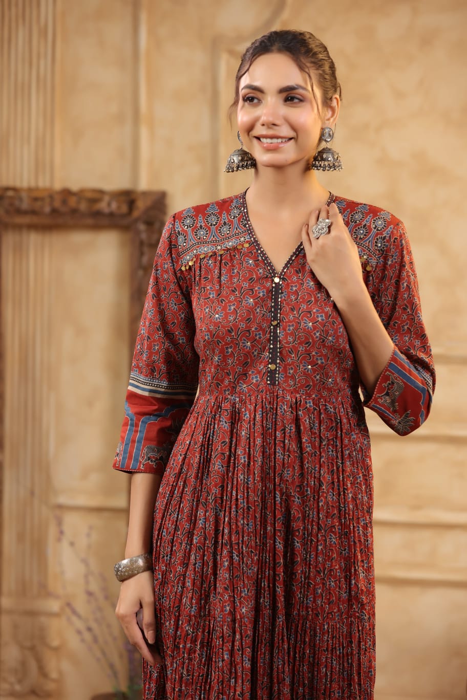 Pure Jaipuri Cotton Anarkali Vraj Bhumi and Ajarak Print Maroon Color