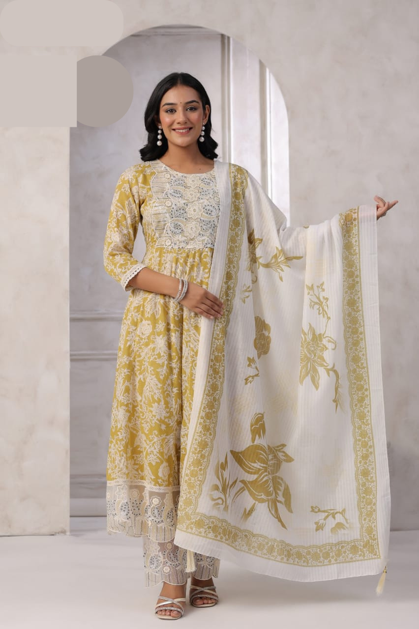 Pure Cotton Pearl and Thread Work Floral Print Anarkali 3pc Set Light Mahendi Green Color