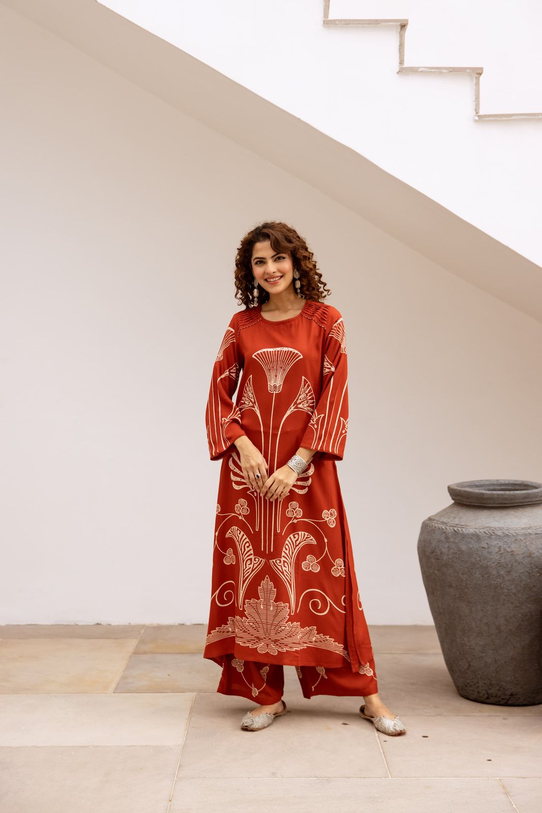 GFH Signature Premium Viscose German Rayon Long Co-ord Set with C-Cut Pattern Rust orange