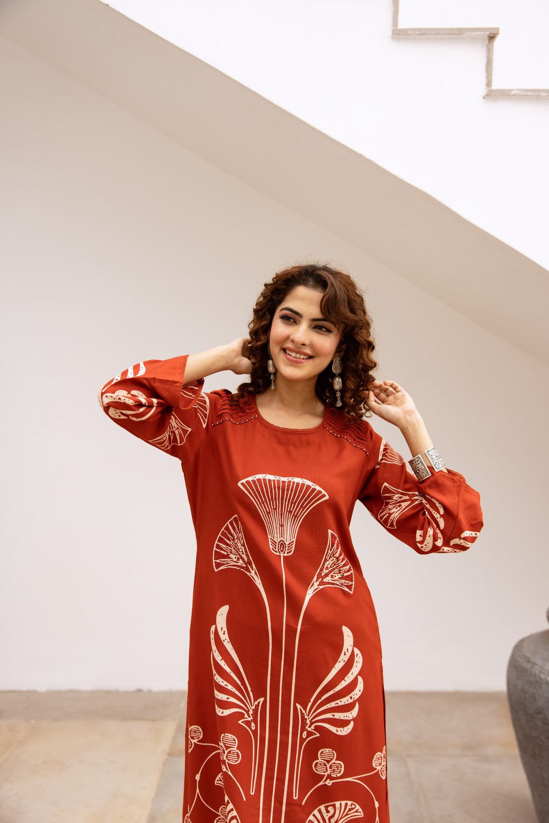 GFH Signature Premium Viscose German Rayon Long Co-ord Set with C-Cut Pattern Rust orange