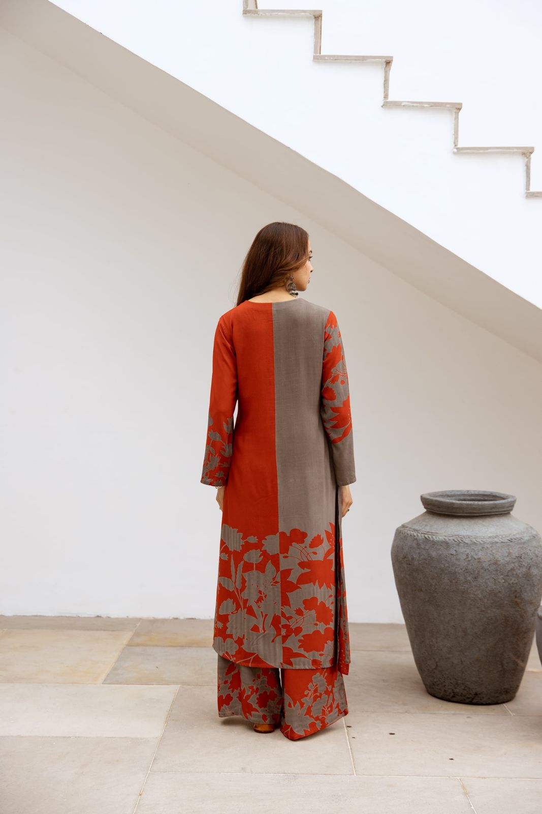 Premium Viscose German Rayon Long Co-ord Set with C-Cut Pattern Rust orange, grey combination