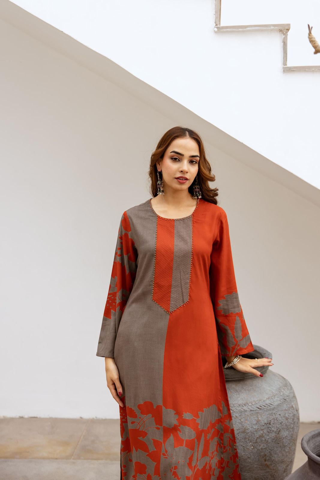 Premium Viscose German Rayon Long Co-ord Set with C-Cut Pattern Rust orange, grey combination