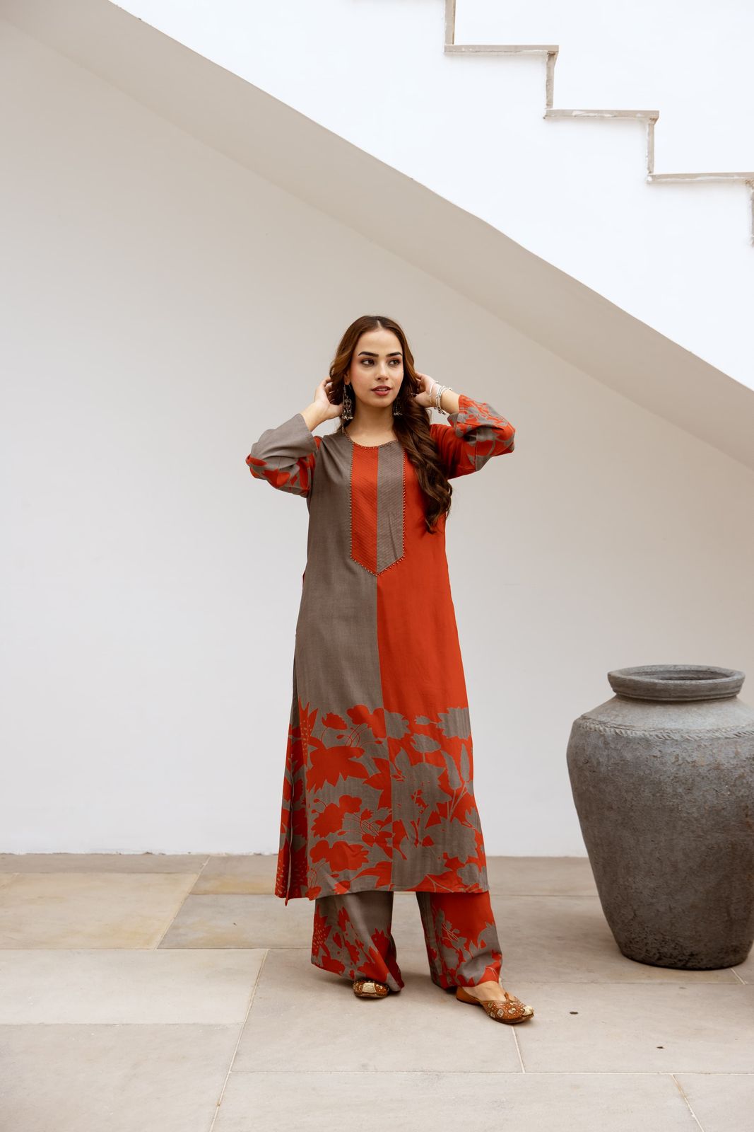 Premium Viscose German Rayon Long Co-ord Set with C-Cut Pattern Rust orange, grey combination