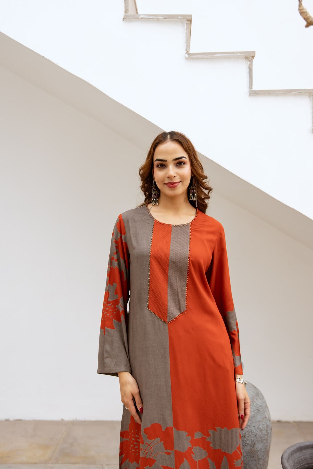 Premium Viscose German Rayon Long Co-ord Set with C-Cut Pattern Rust orange, grey combination