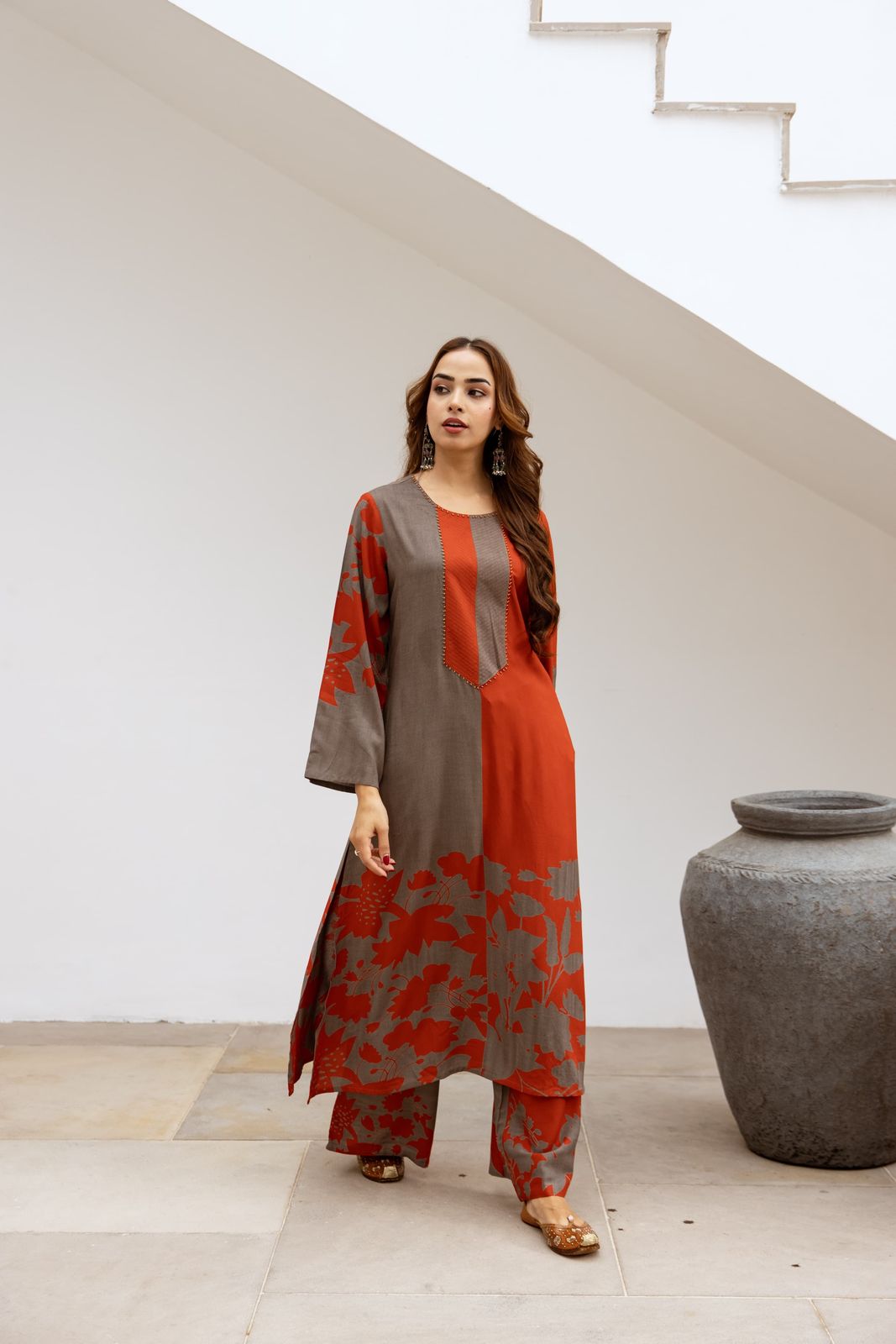 Premium Viscose German Rayon Long Co-ord Set with C-Cut Pattern Rust orange, grey combination