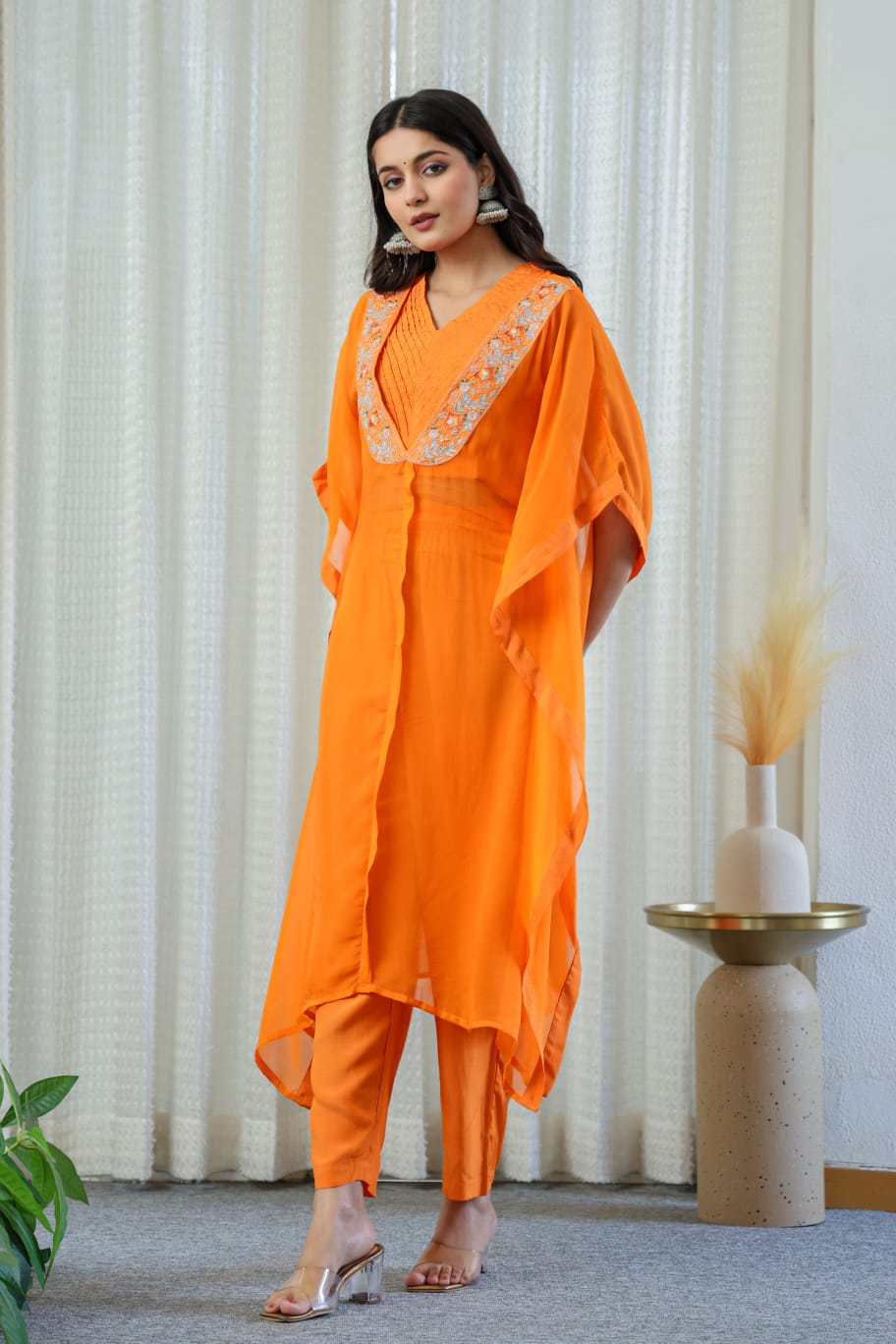 Coord Set - Pure Organza Kaftan Style | Orange