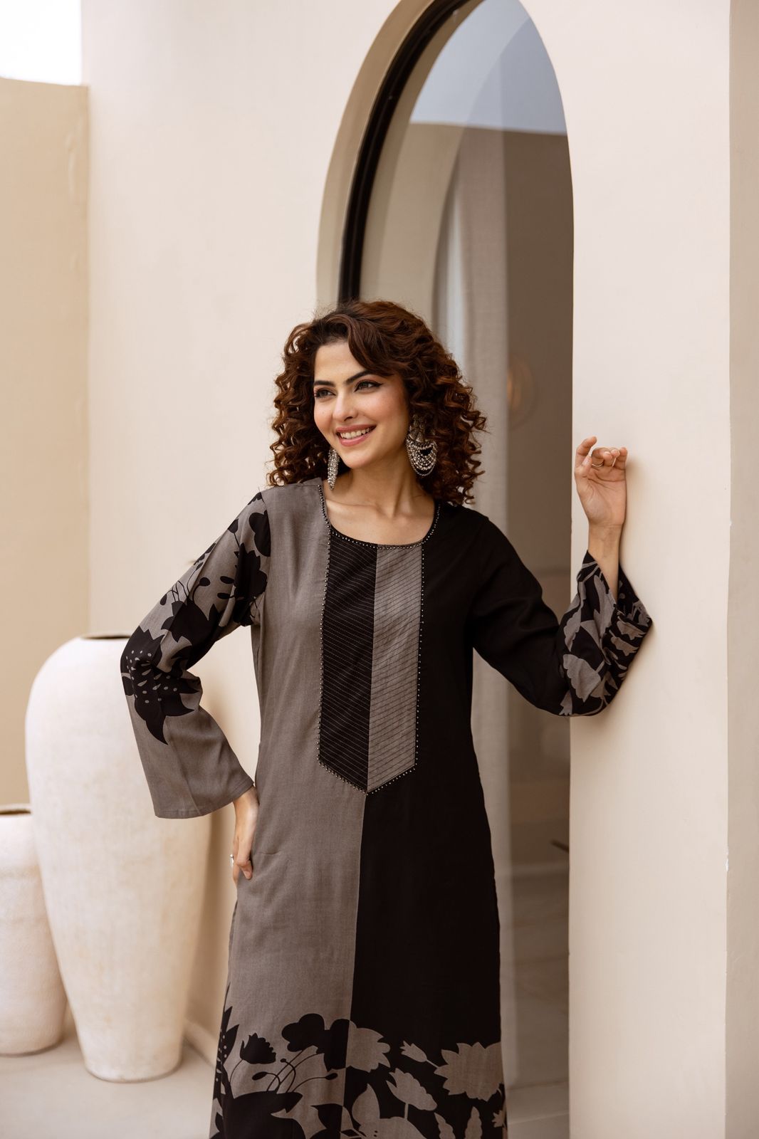 Premium Viscose German Rayon Long Co-ord Set – Grey & Black