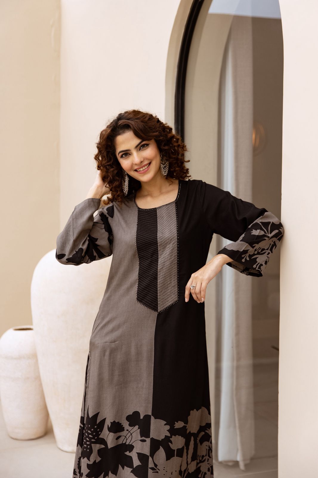 Premium Viscose German Rayon Long Co-ord Set – Grey & Black