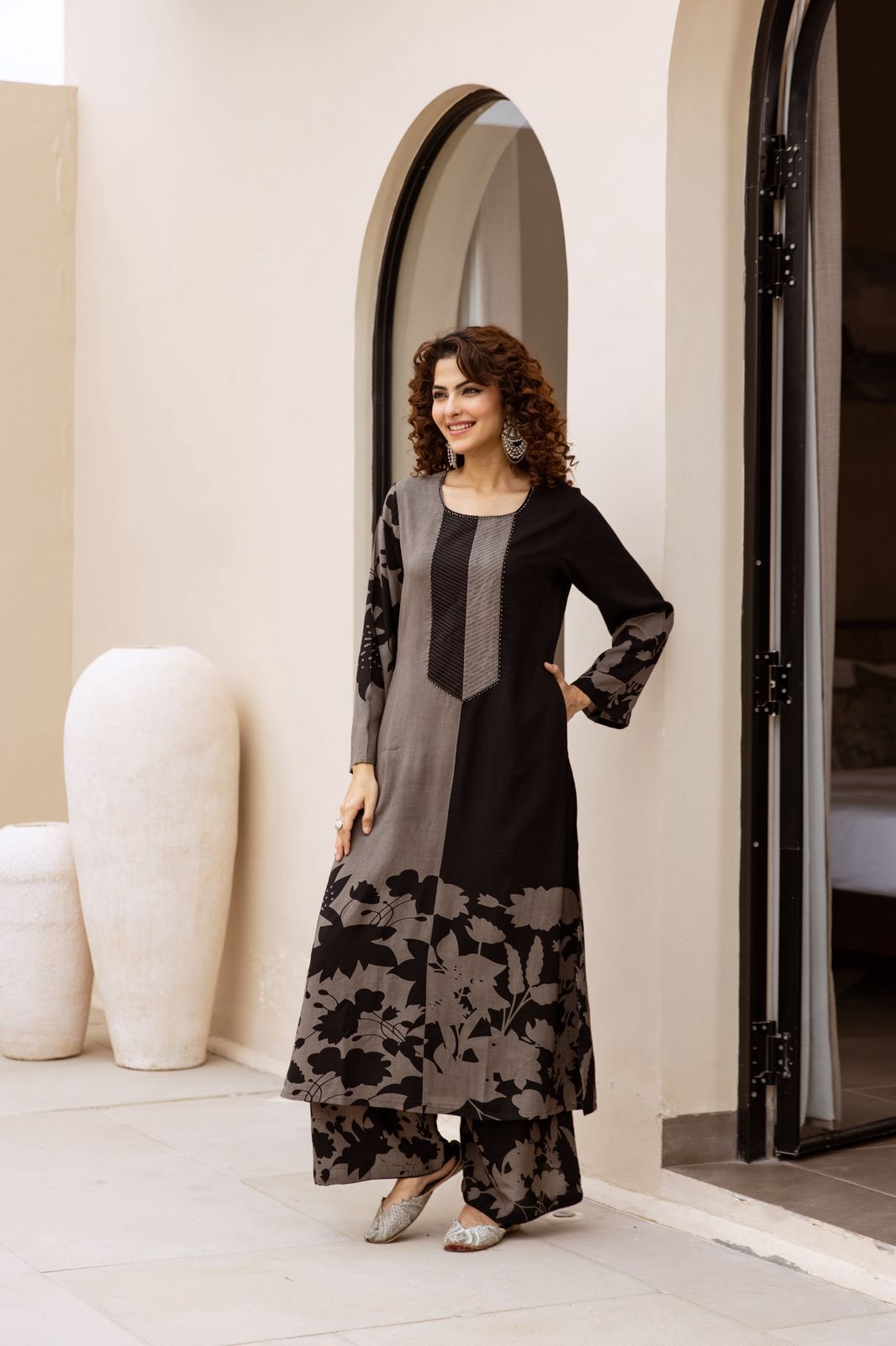 Premium Viscose German Rayon Long Co-ord Set – Grey & Black