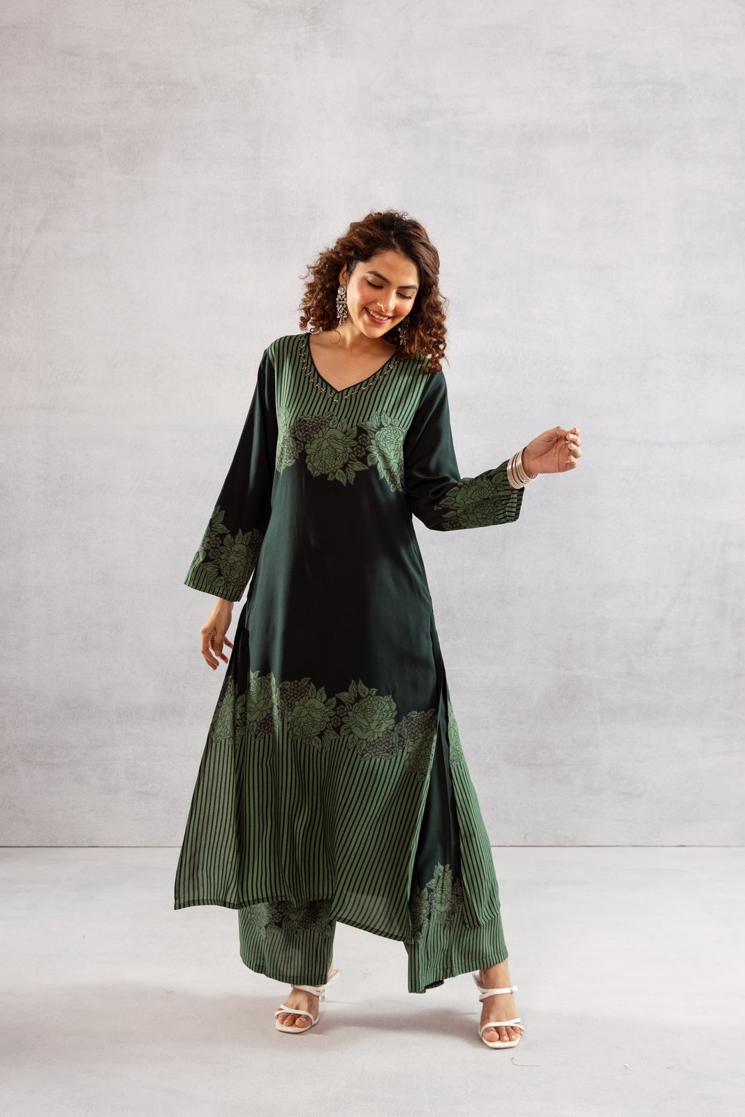 Printed Viscose German Rayon Kurta Set with Plazo Pants | C-Cut Design & Side Pockets"