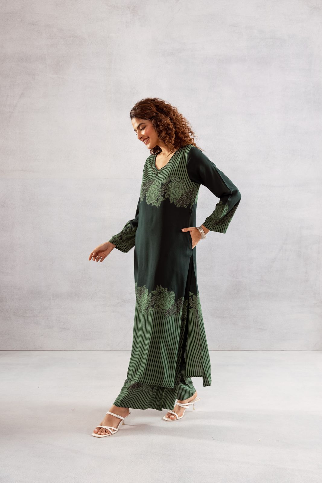 Printed Viscose German Rayon Kurta Set with Plazo Pants | C-Cut Design & Side Pockets"