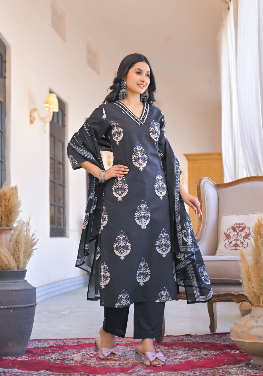Pure Cotton Hand Block Print Coord Set with Mulmul Dupatta