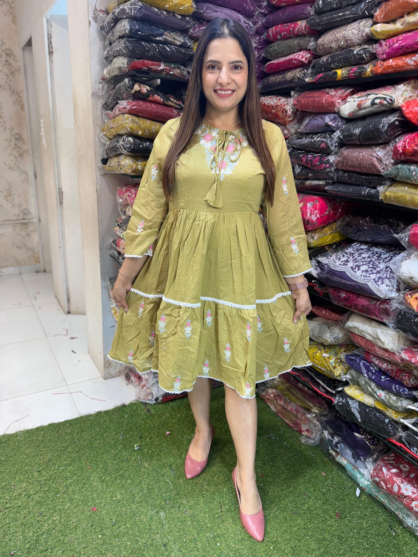 Pure Mulmul Cotton Midi Dress with Inner Lining