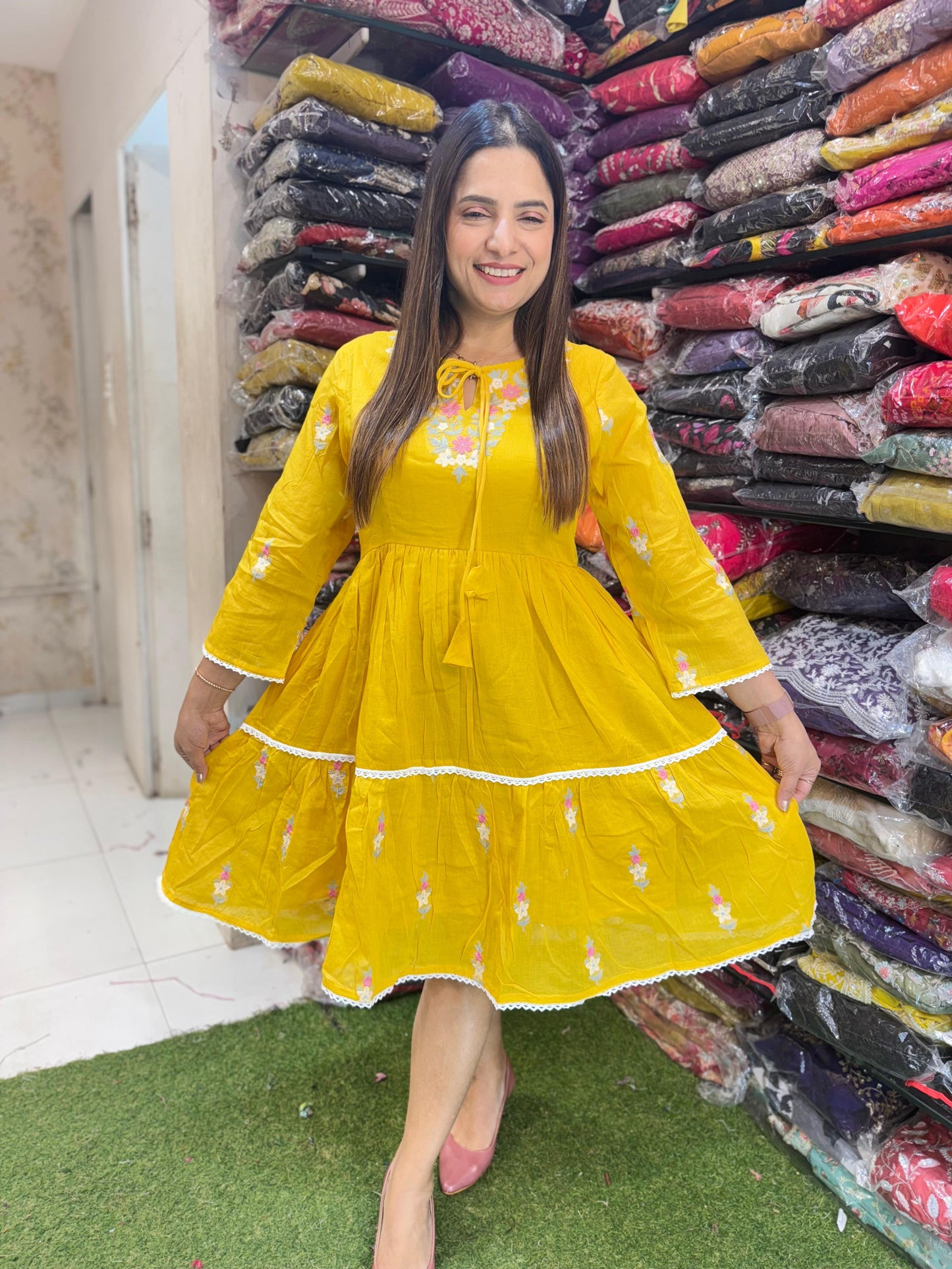 Pure Mulmul Cotton Midi Dress with Inner Lining