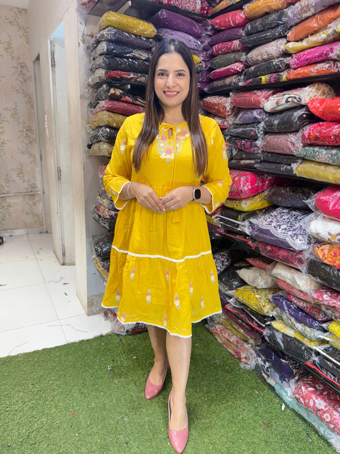 Pure Mulmul Cotton Midi Dress with Inner Lining